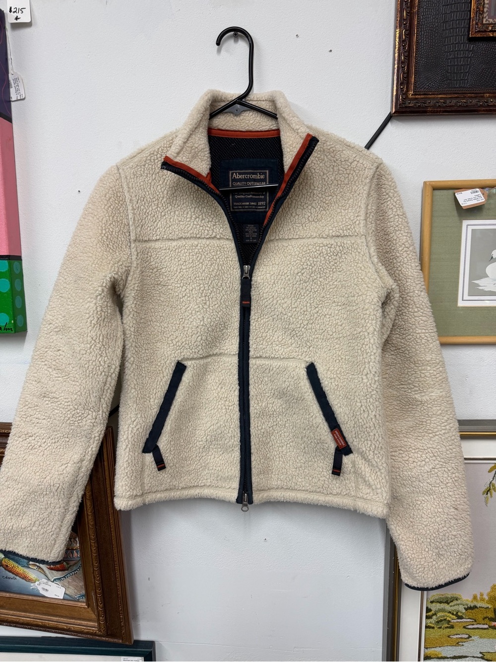 Abercrombie & Fitch Cream Sherpa Jacket with Navy Trim